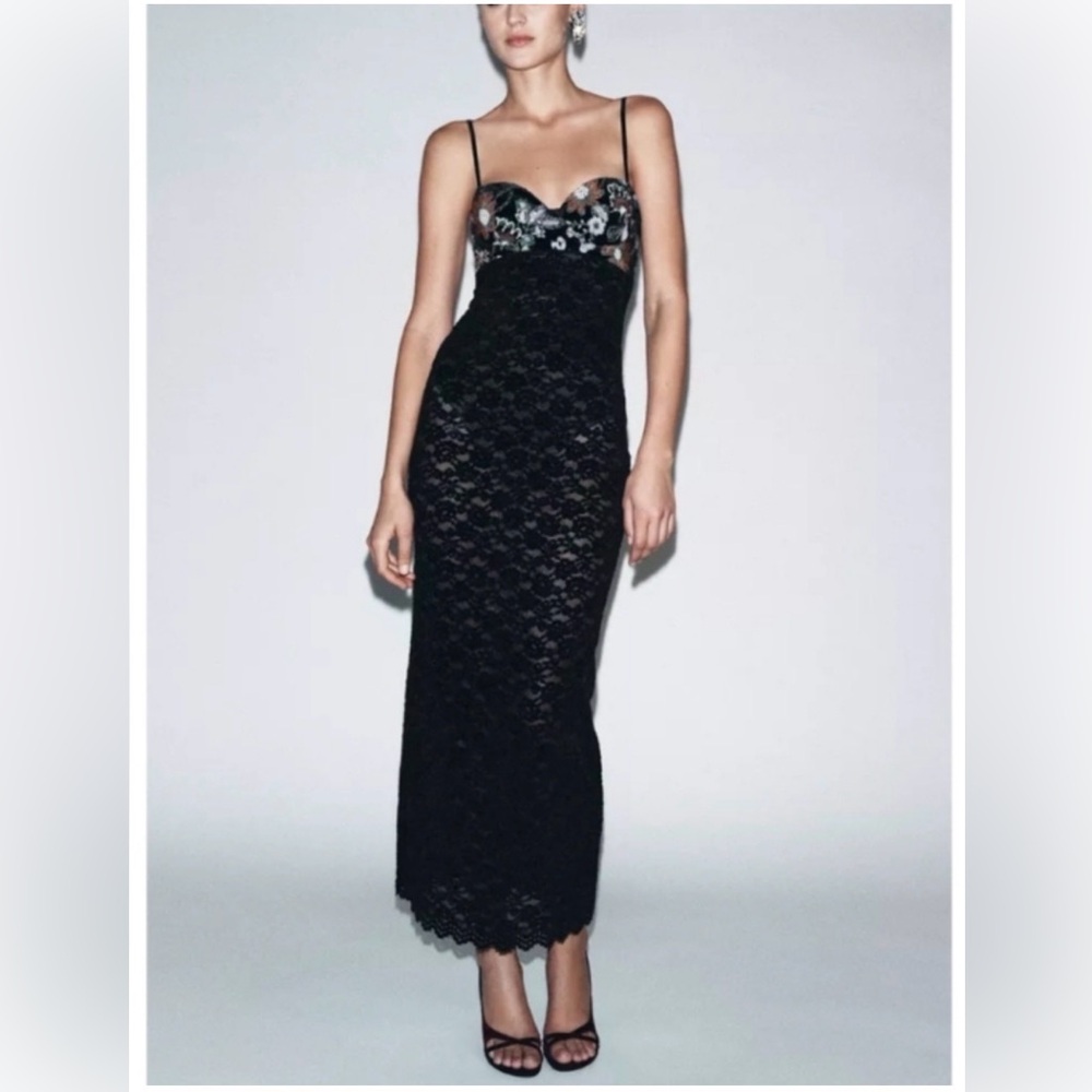 Zara Black Lace Slip Dress with Embroidered Bust NWT Size Large